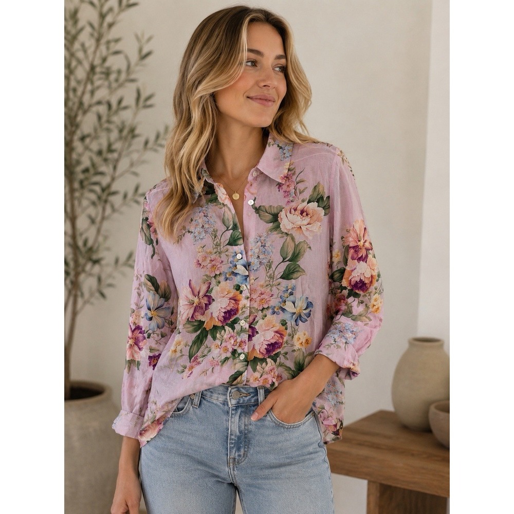 NWT Lucky & Coco Blouse Pink Purple Floral Cottagecore Womens Medium Sheer